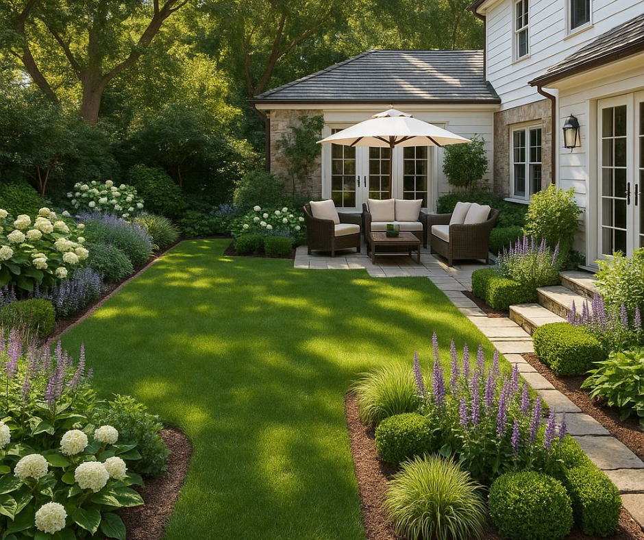Lawn, shaped flowerbeds and a patio seating area