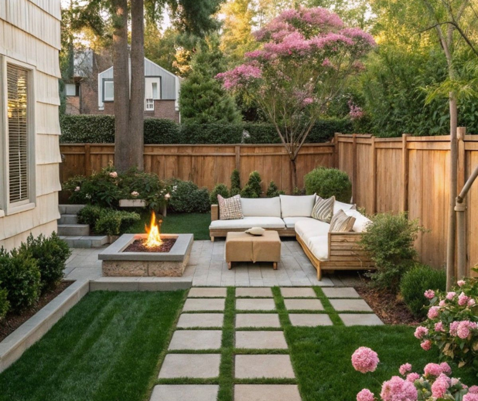 Outdoor spaces to enjoy: backyard grass and paver grid, patio seating, flowers