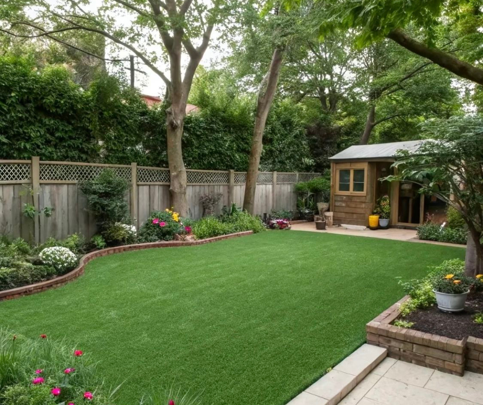 A greener backyard: lush lawn, curved beds, trees, shed